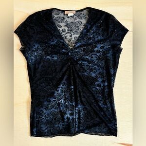 VTG Susan Lawrence Y2K Blue Black Floral Glitter Mesh Top V-Neck Twist Front L